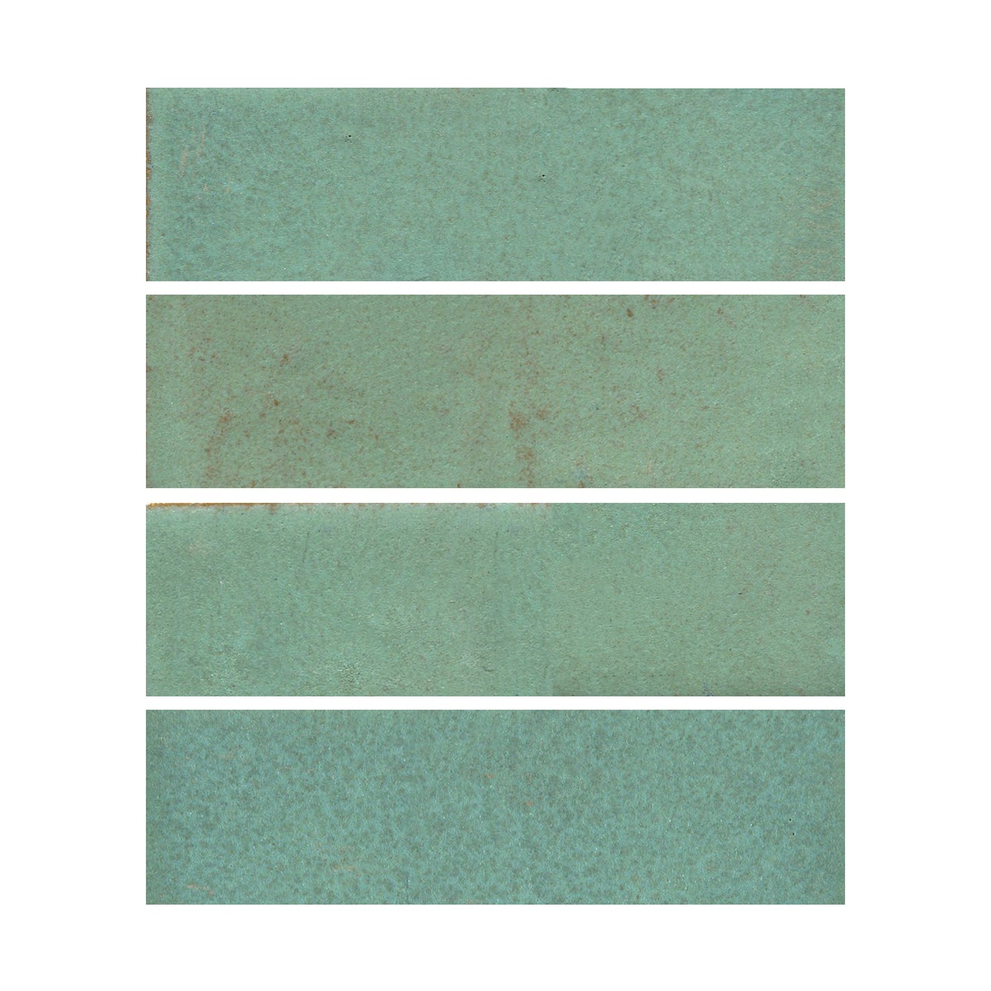 Copper patina 2x6 matte finish, transitioning in color from light green to turquoise.